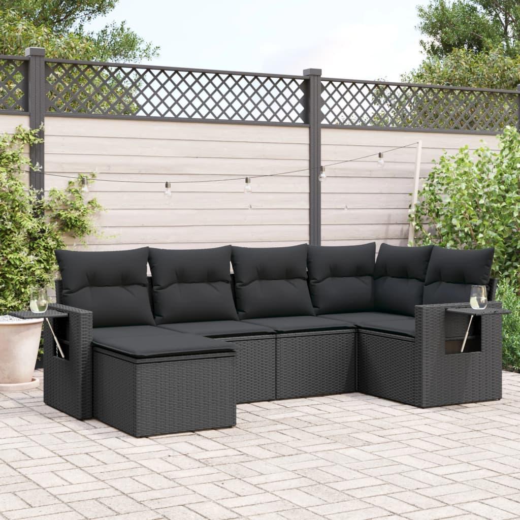 6 Piece Garden Sofa Set with Cushions Black Poly Rattan