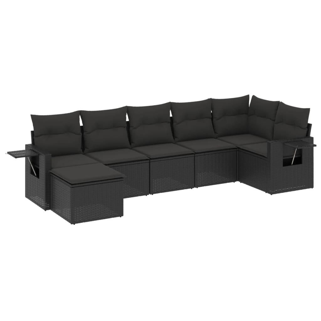 7 Piece Garden Sofa Set with Cushions Black Poly Rattan