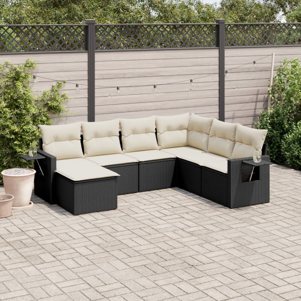 7 Piece Garden Sofa Set with Cushions Black Poly Rattan