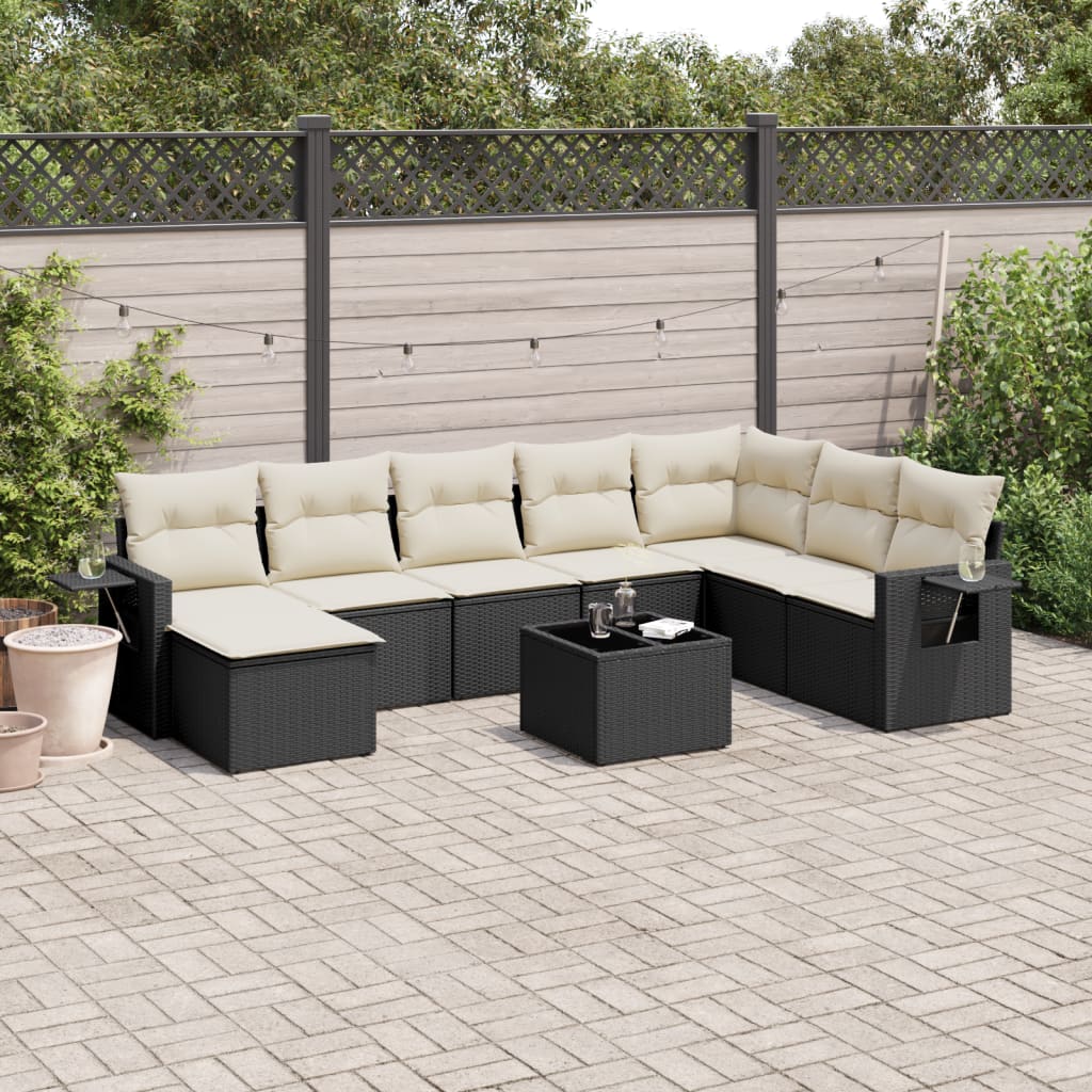 9 Piece Garden Sofa Set with Cushions Black Poly Rattan