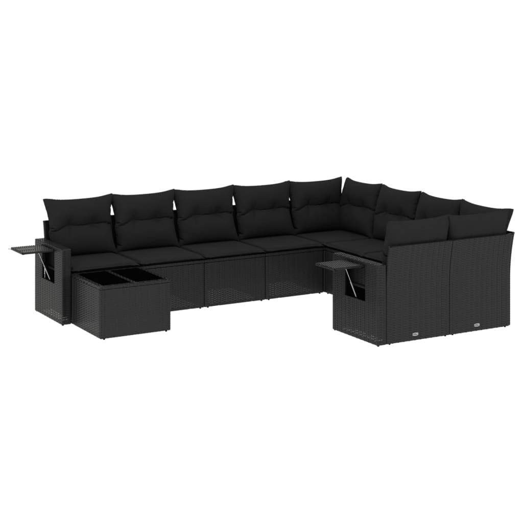 10 Piece Garden Sofa Set with Cushions Black Poly Rattan