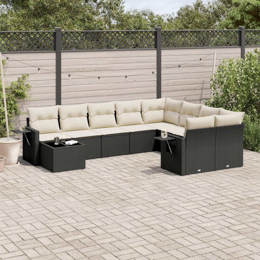 10 Piece Garden Sofa Set with Cushions Black Poly Rattan