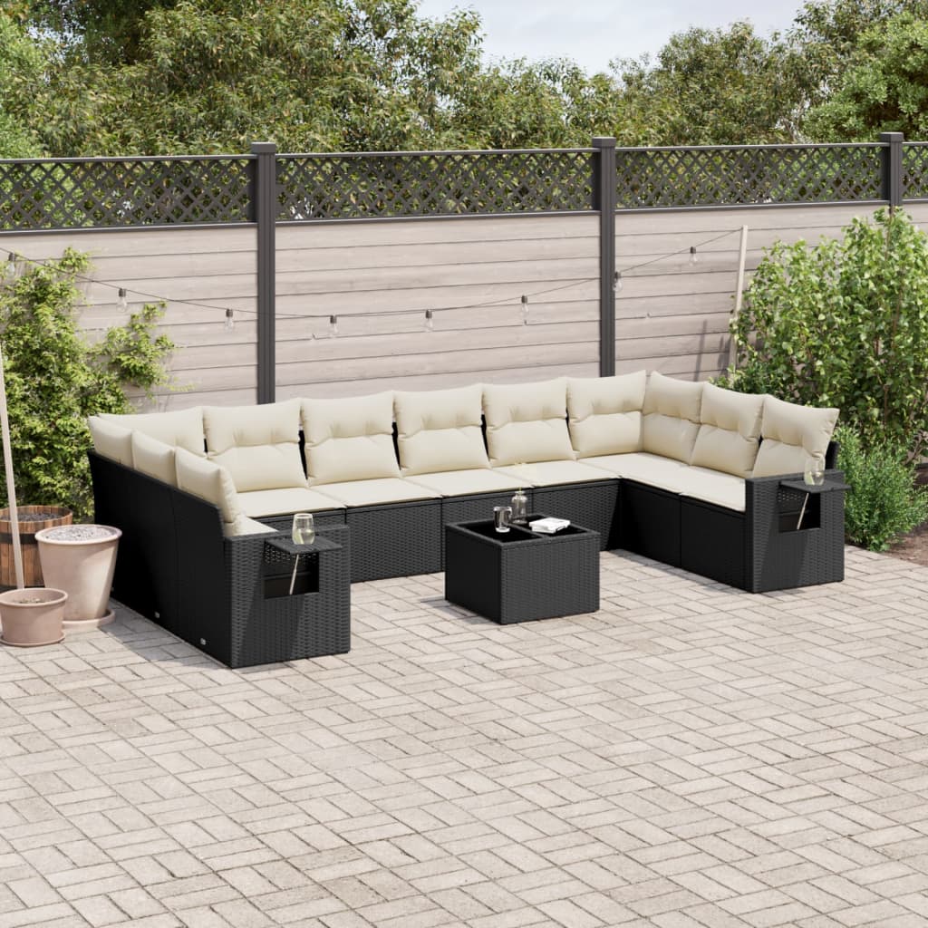 11 Piece Garden Sofa Set with Cushions Black Poly Rattan