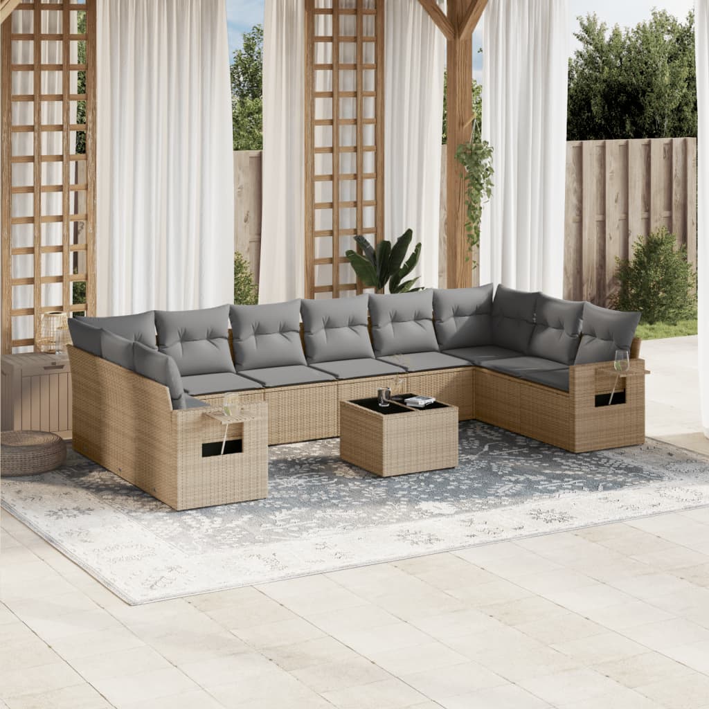 11 Piece Garden Sofa Set with Cushions Beige Poly Rattan