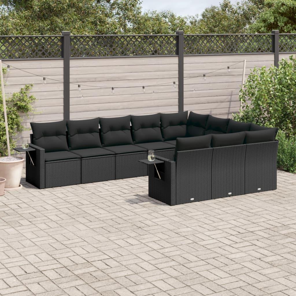 10 Piece Garden Sofa Set with Cushions Black Poly Rattan