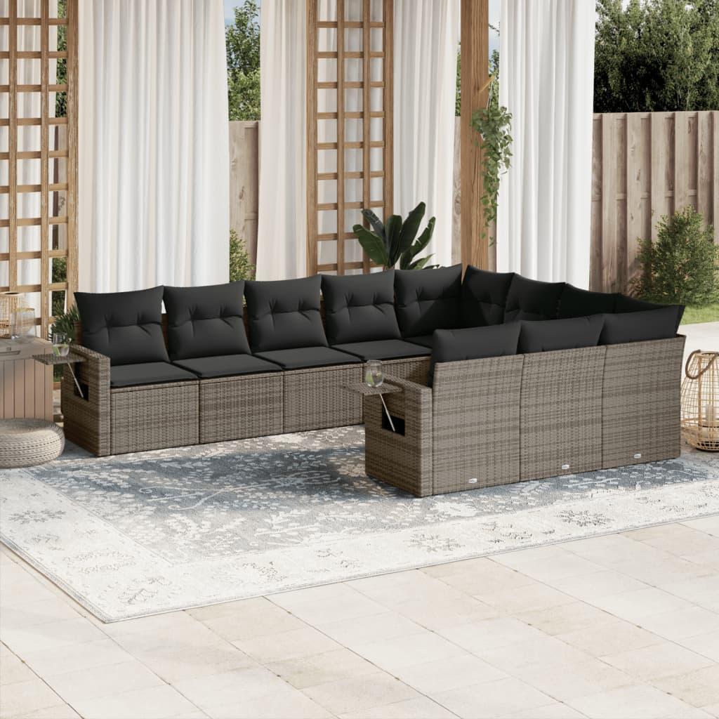 10 Piece Garden Sofa Set with Cushions Grey Poly Rattan