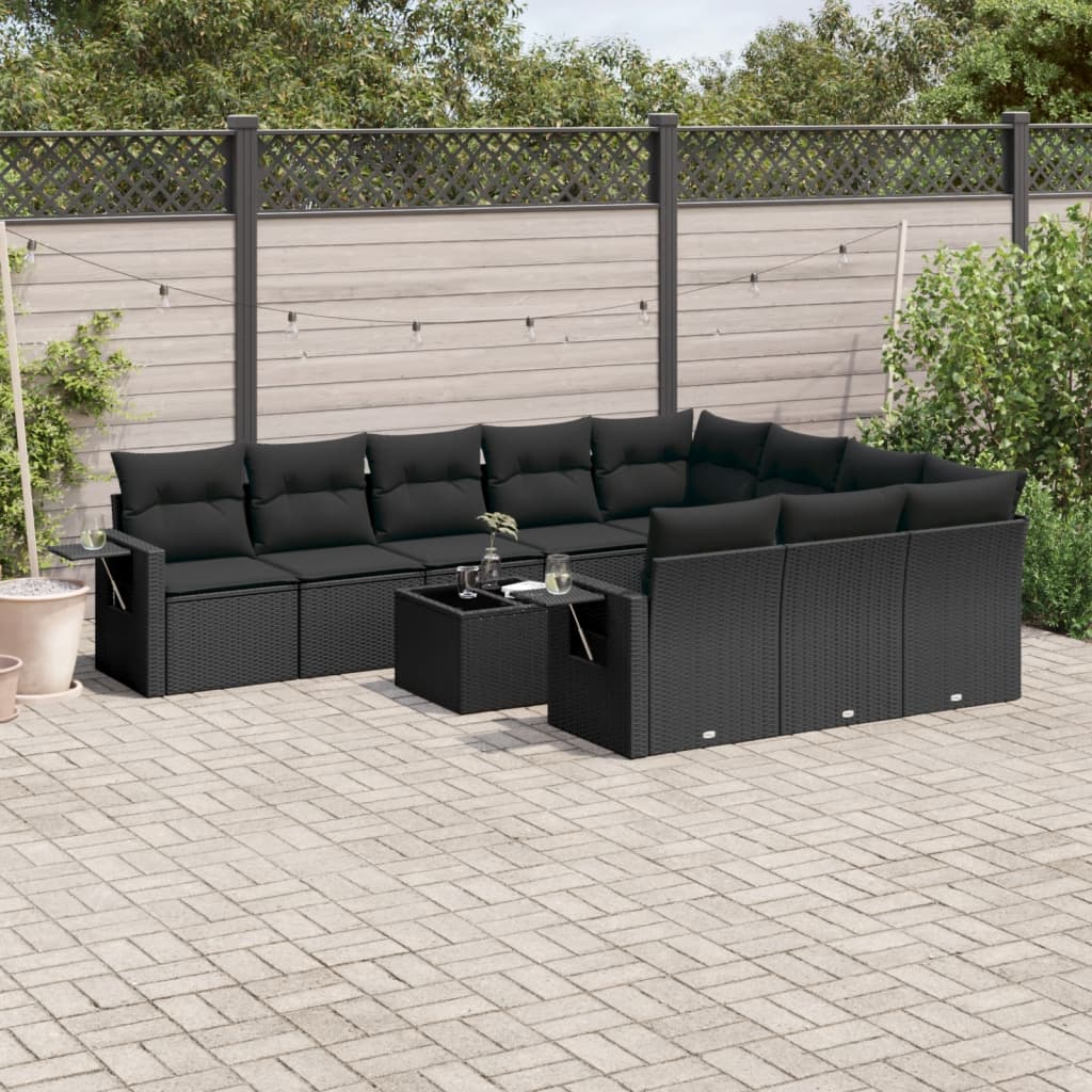 11 Piece Garden Sofa Set with Cushions Black Poly Rattan