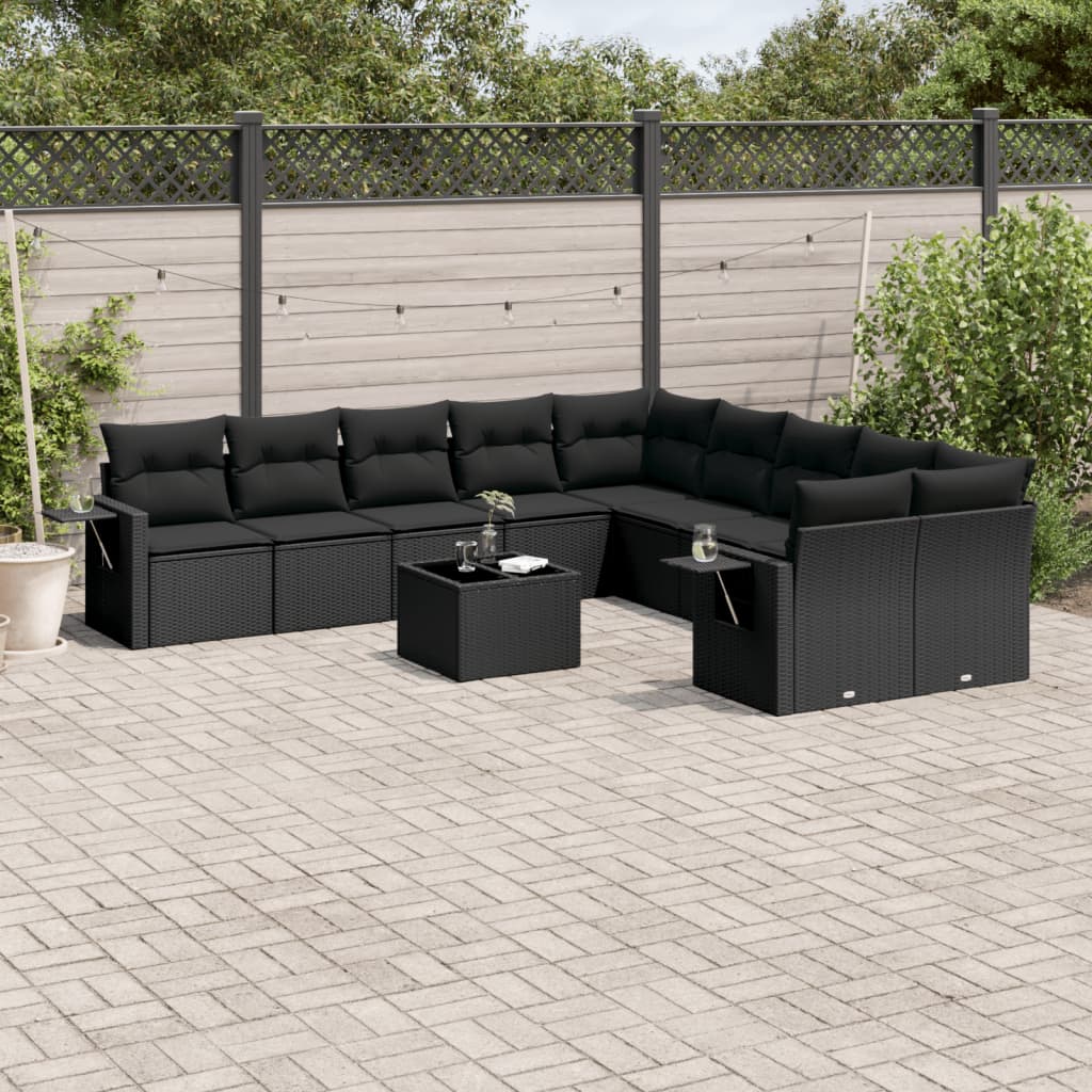 11 Piece Garden Sofa Set with Cushions Black Poly Rattan