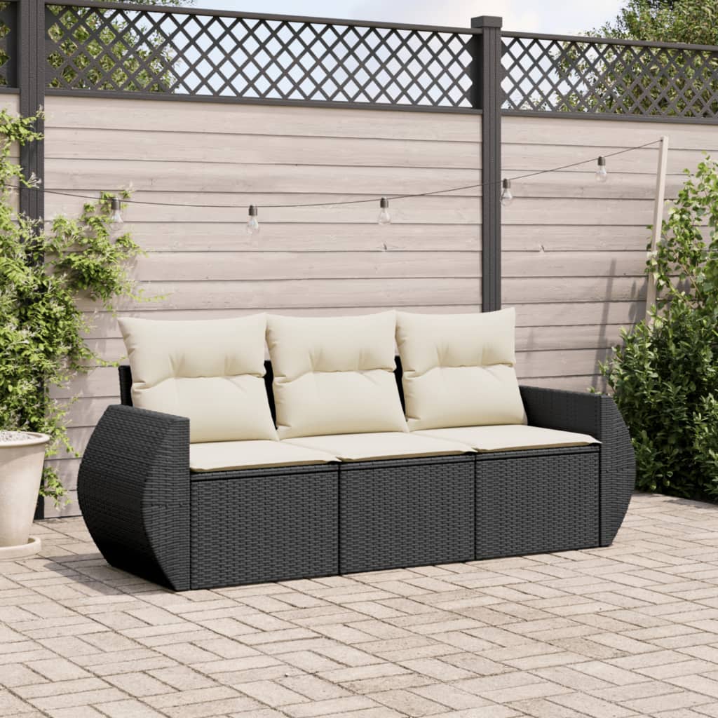 3 Piece Garden Sofa Set with Cushions Black Poly Rattan