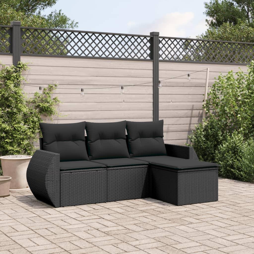 4 Piece Garden Sofa Set with Cushions Black Poly Rattan