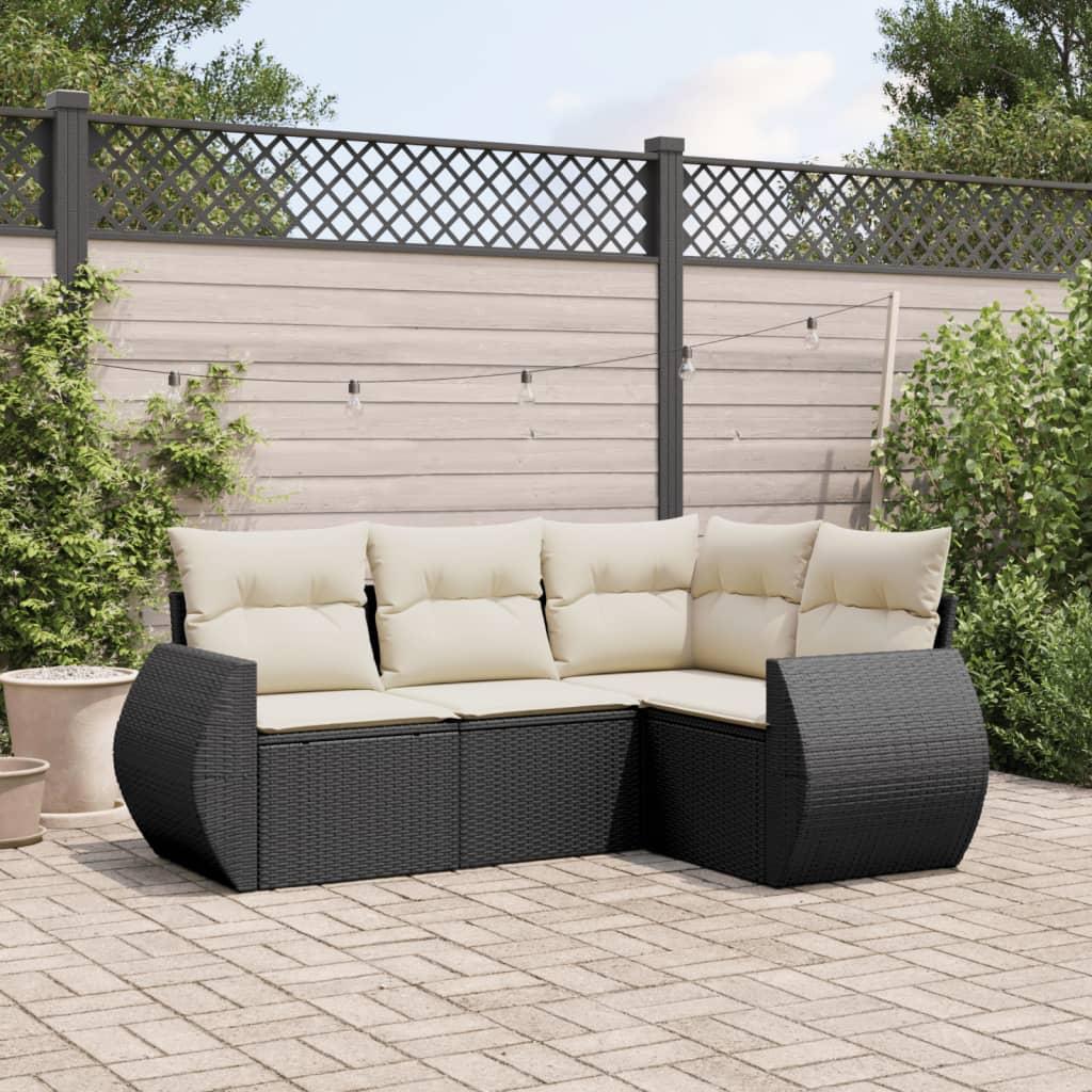 4 Piece Garden Sofa Set with Cushions Black Poly Rattan