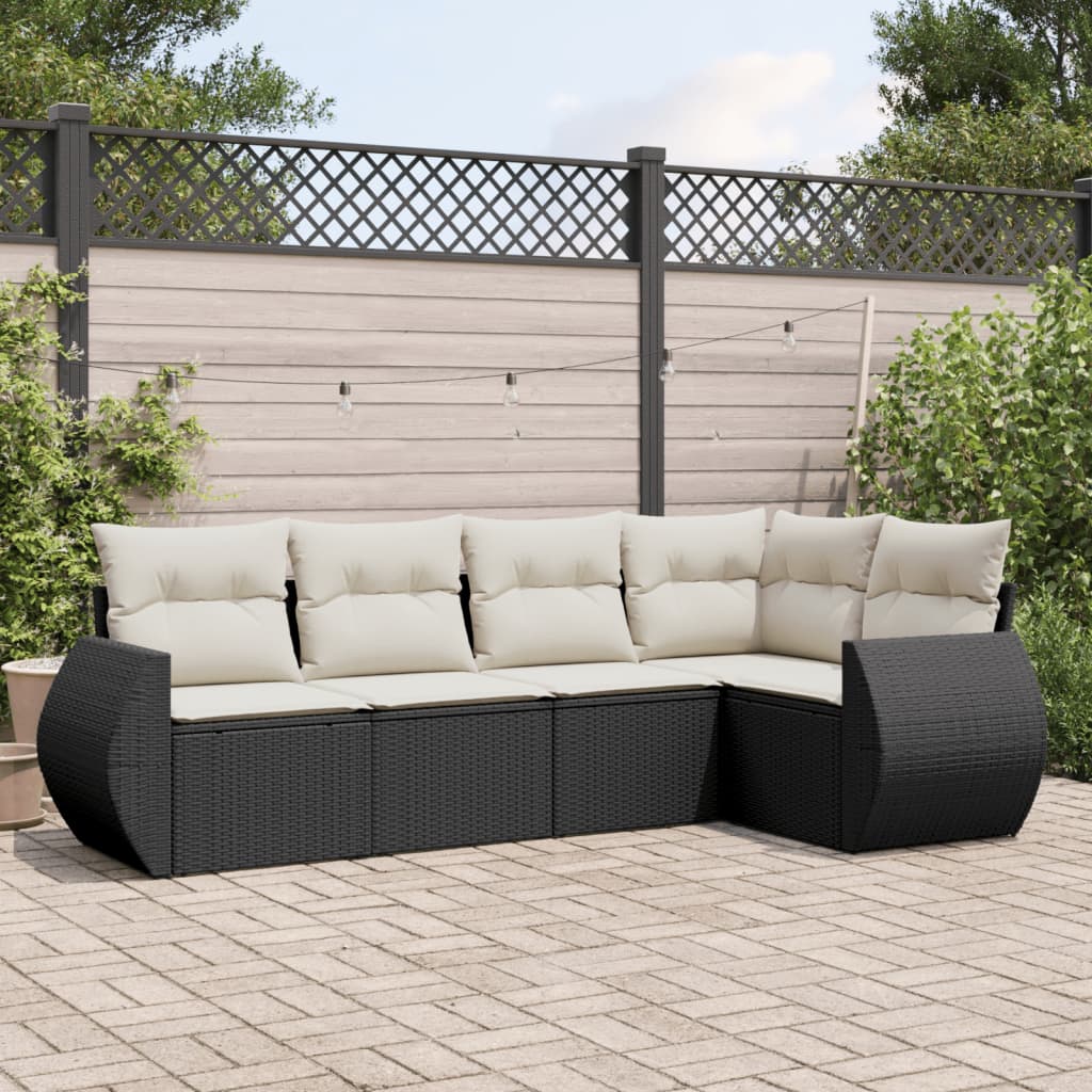 5 Piece Garden Sofa Set with Cushions Black Poly Rattan