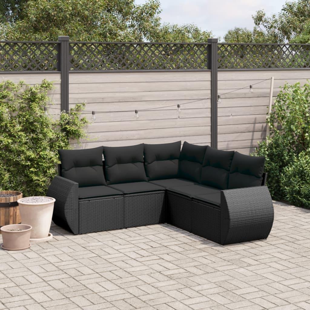 5 Piece Garden Sofa Set with Cushions Black Poly Rattan