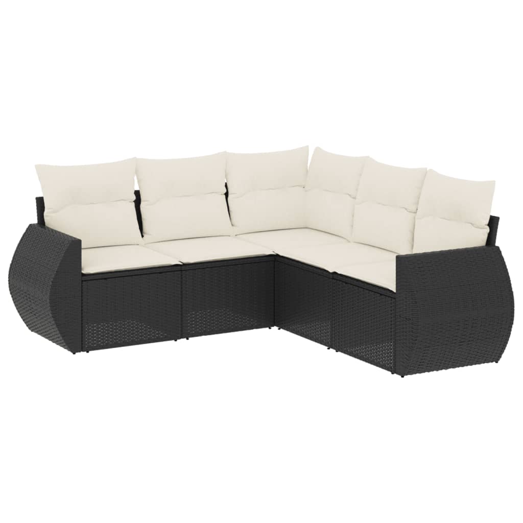 5 Piece Garden Sofa Set with Cushions Black Poly Rattan