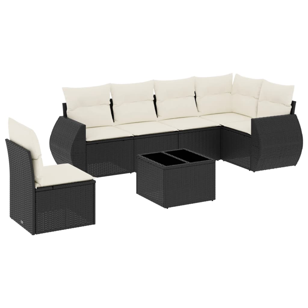 7 Piece Garden Sofa Set with Cushions Black Poly Rattan