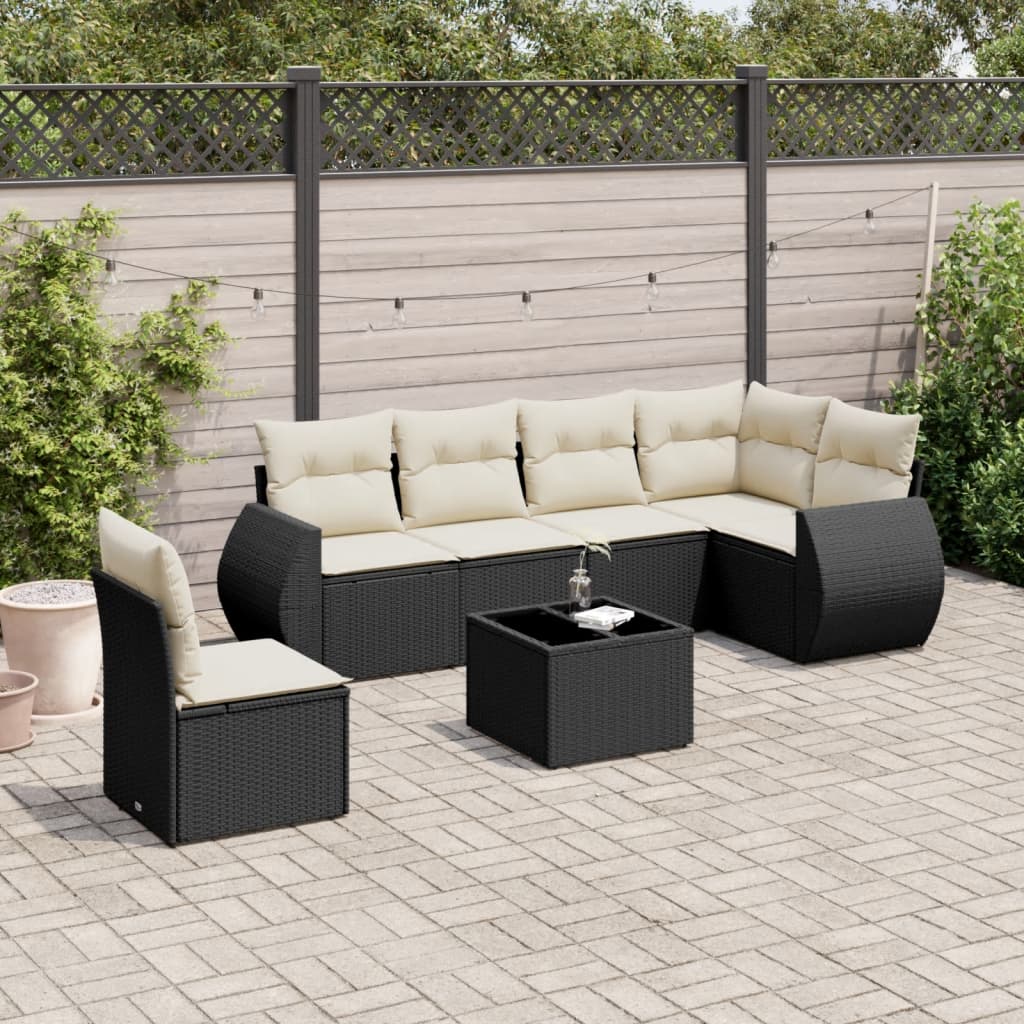 7 Piece Garden Sofa Set with Cushions Black Poly Rattan