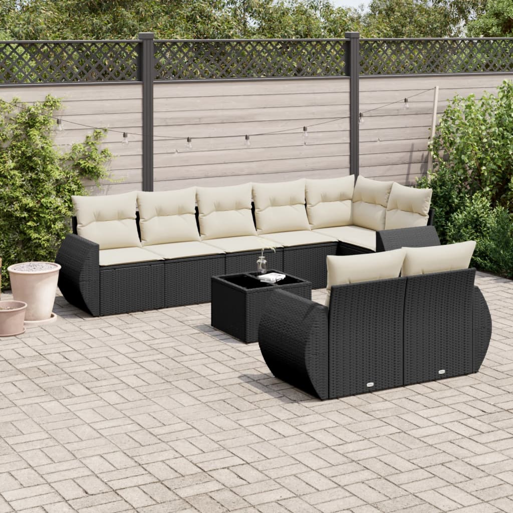 9 Piece Garden Sofa Set with Cushions Black Poly Rattan