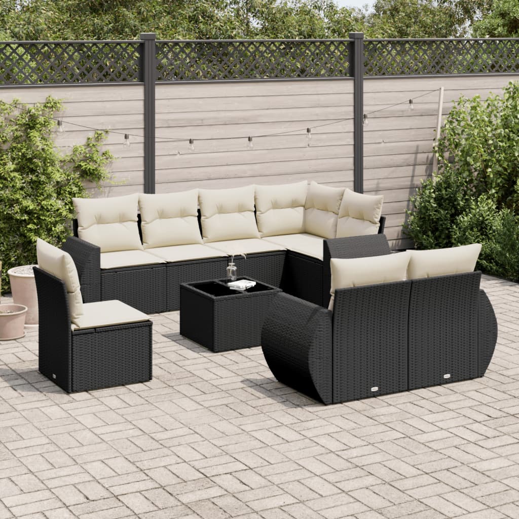 9 Piece Garden Sofa Set with Cushions Black Poly Rattan