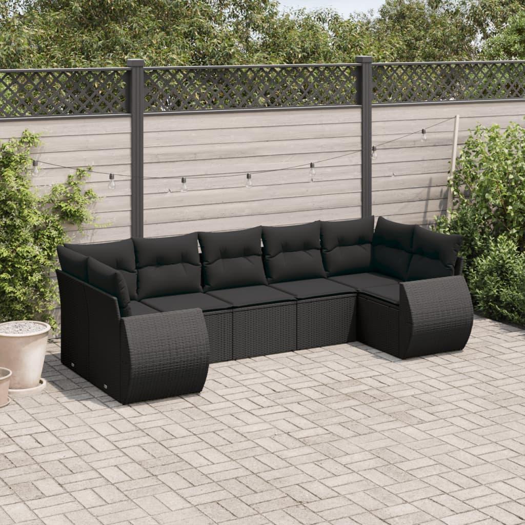 7 Piece Garden Sofa Set with Cushions Black Poly Rattan