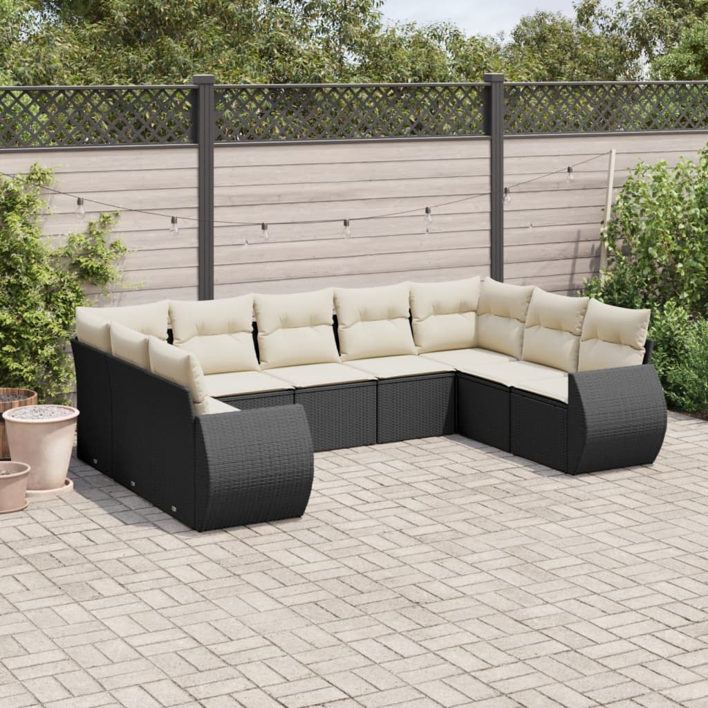 9 Piece Garden Sofa Set with Cushions Black Poly Rattan