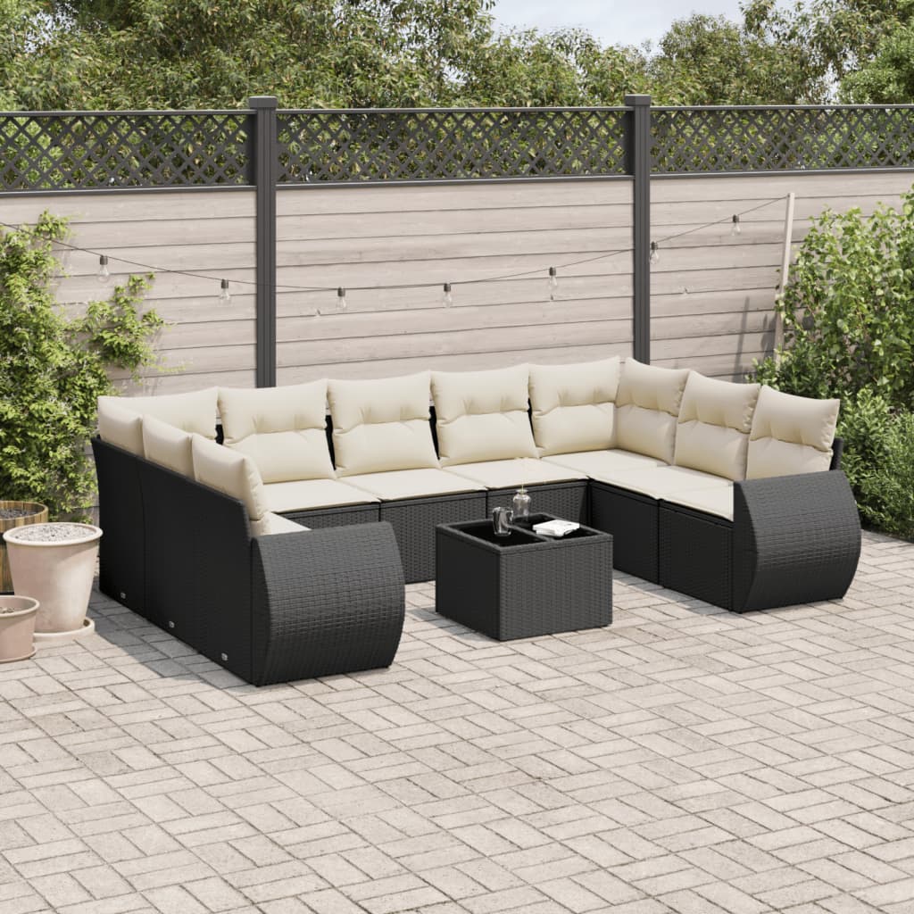 10 Piece Garden Sofa Set with Cushions Black Poly Rattan