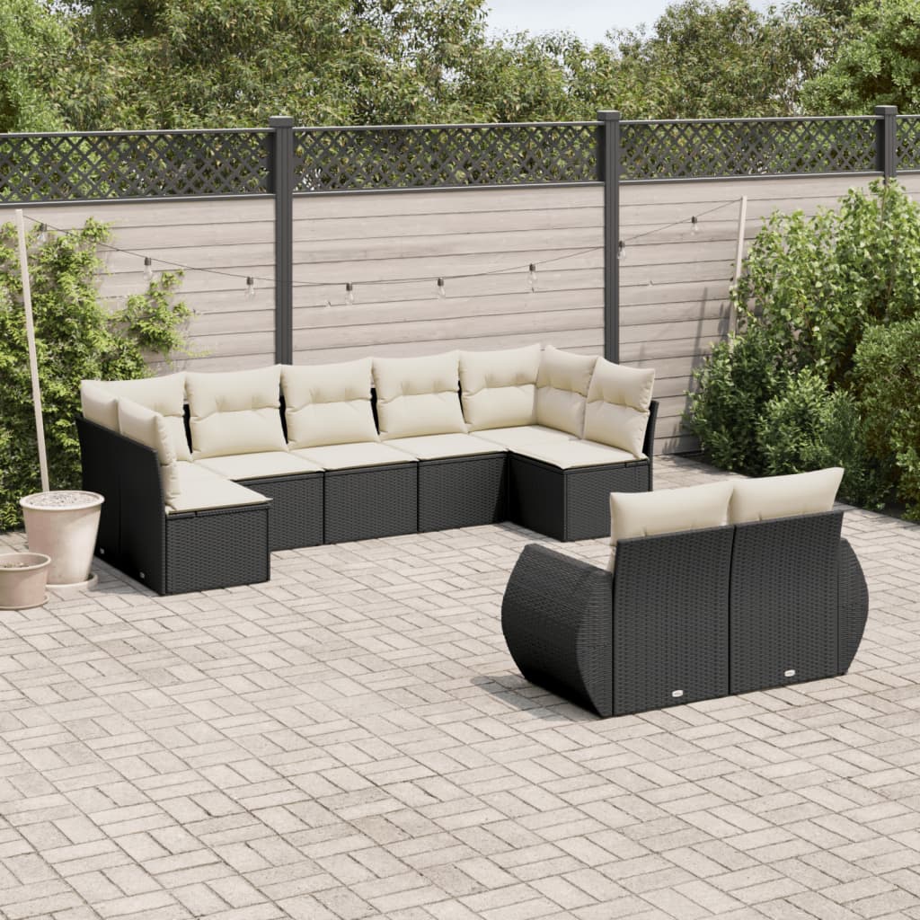 9 Piece Garden Sofa Set with Cushions Black Poly Rattan