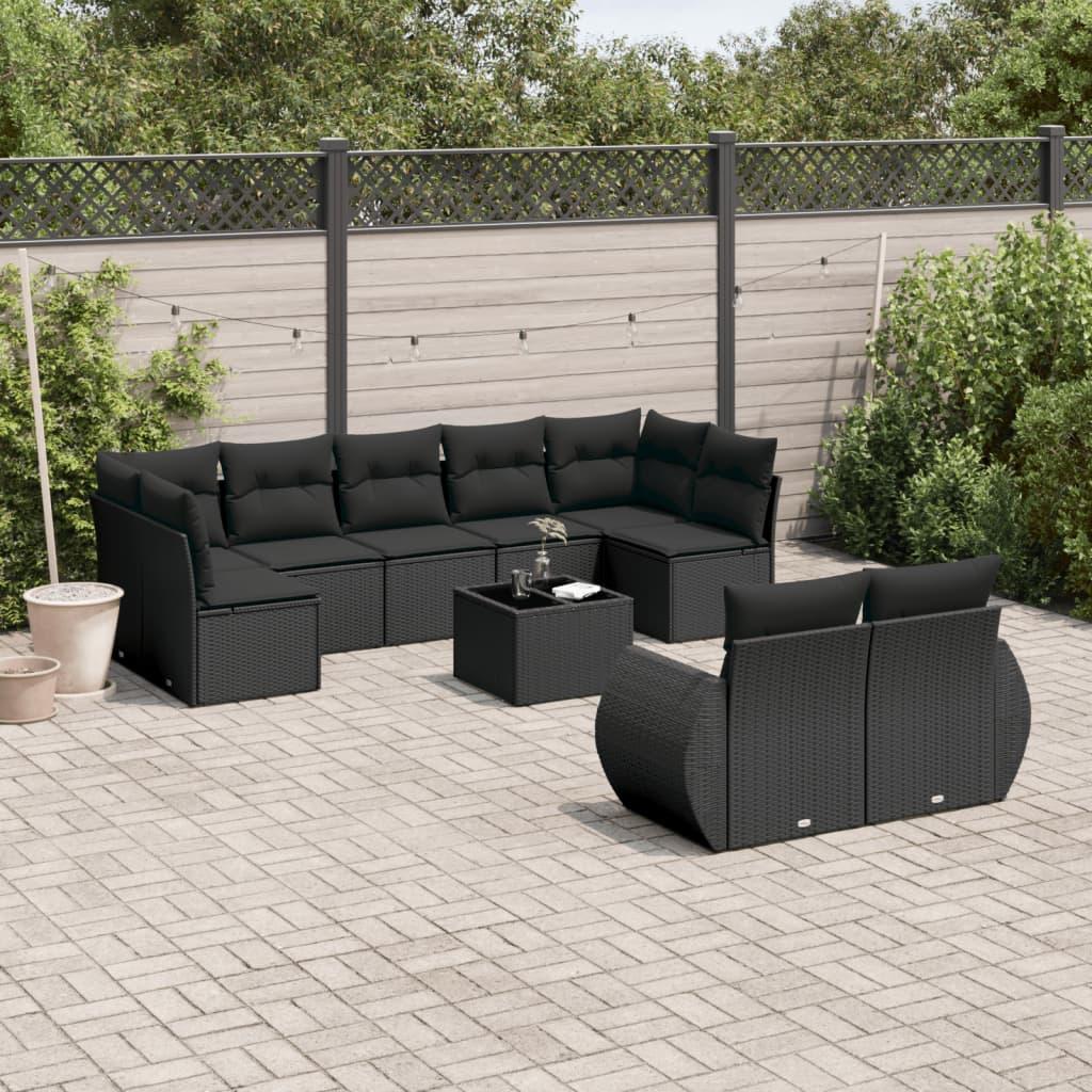 10 Piece Garden Sofa Set with Cushions Black Poly Rattan