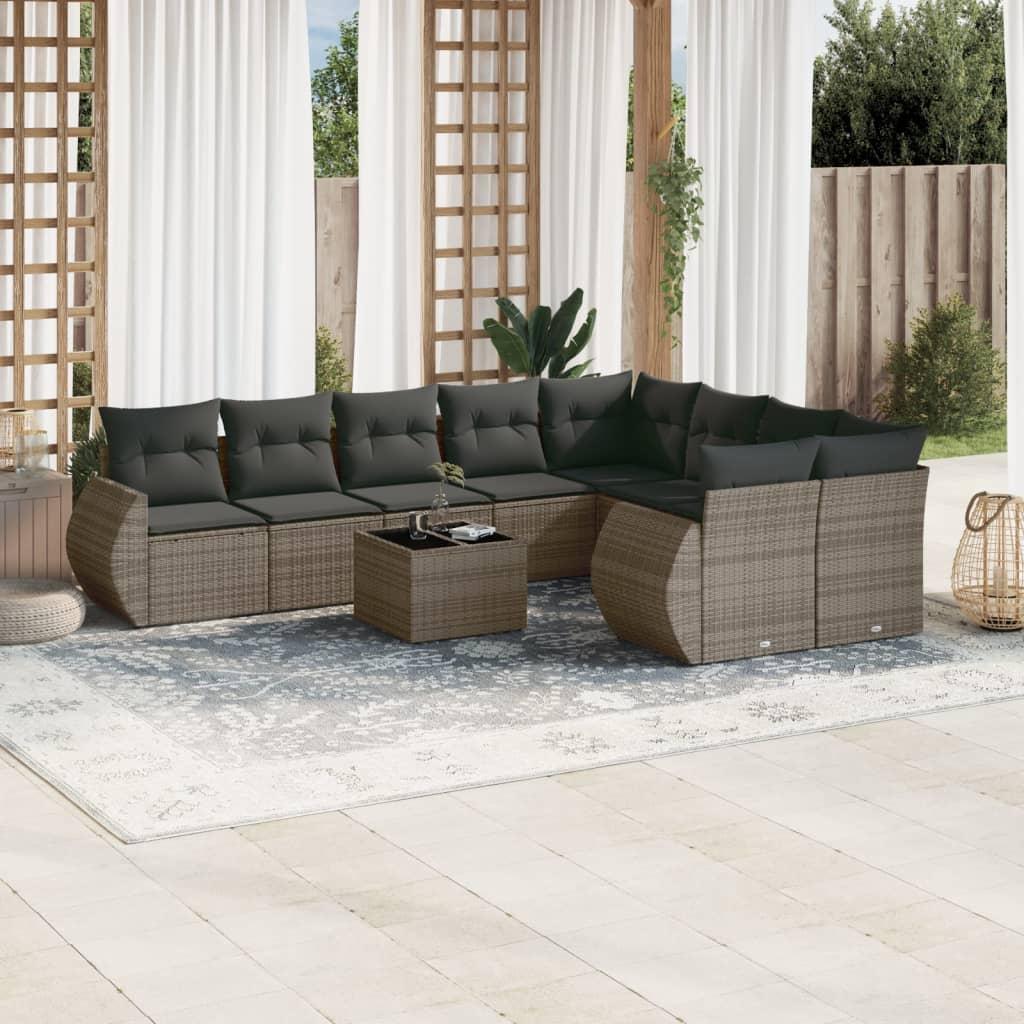 10 Piece Garden Sofa Set with Cushions Grey Poly Rattan