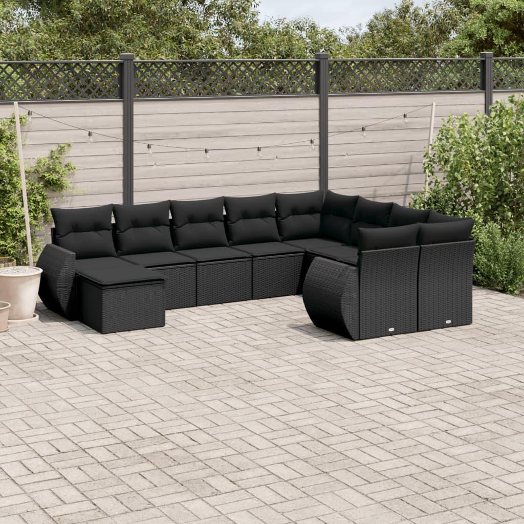 10 Piece Garden Sofa Set with Cushions Black Poly Rattan