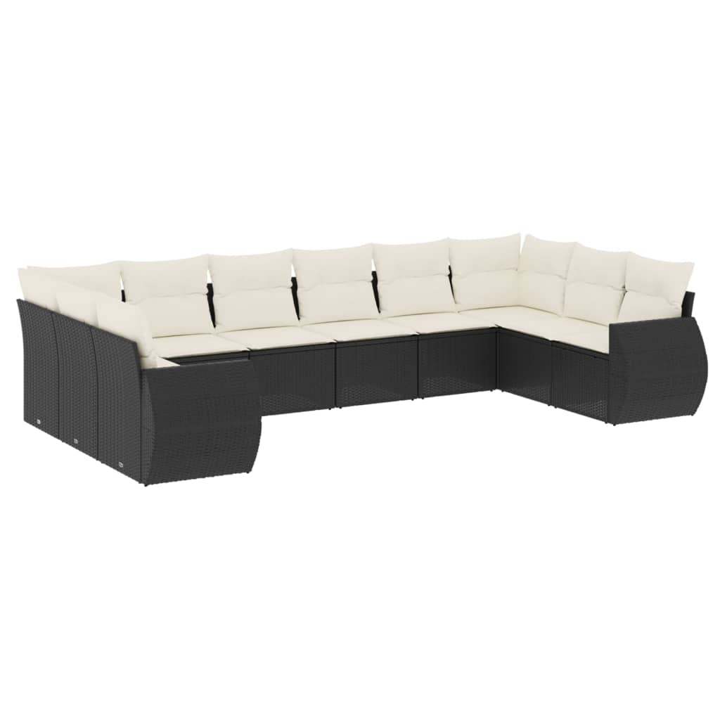 10 Piece Garden Sofa Set with Cushions Black Poly Rattan