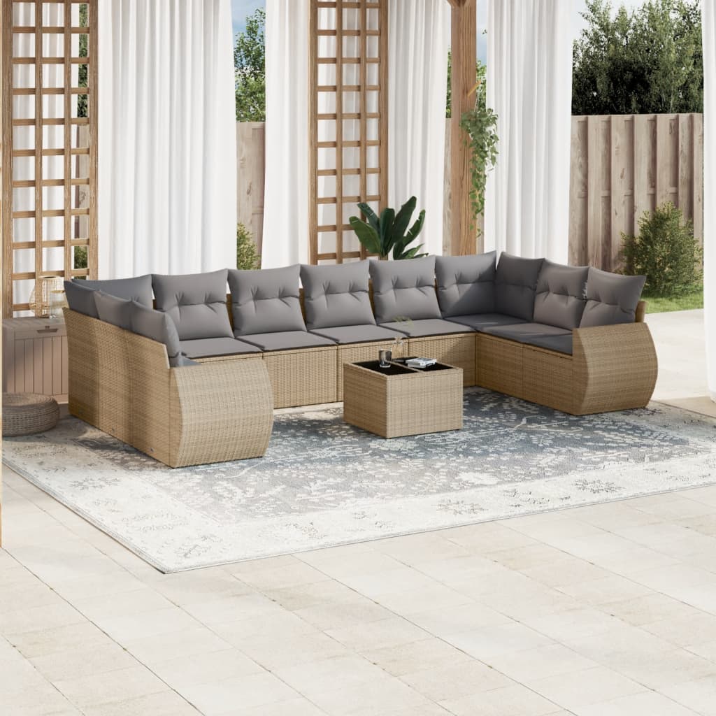 11 Piece Garden Sofa Set with Cushions Beige Poly Rattan