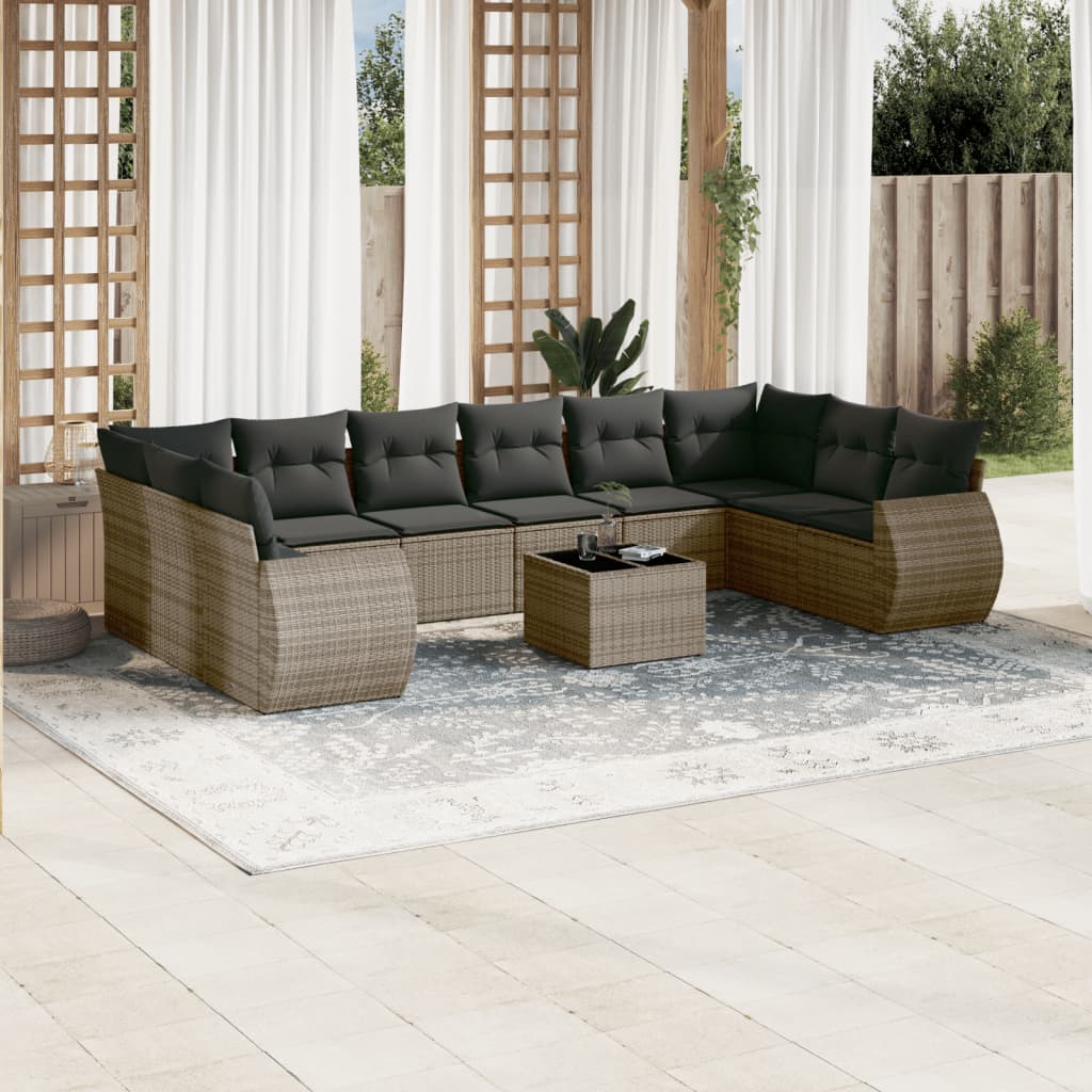 11 Piece Garden Sofa Set with Cushions Grey Poly Rattan