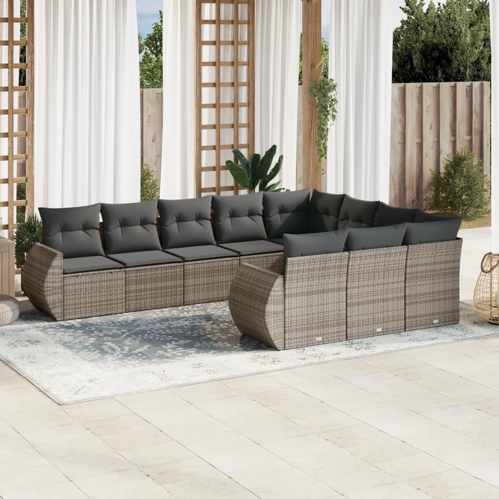 10 Piece Garden Sofa Set with Cushions Grey Poly Rattan