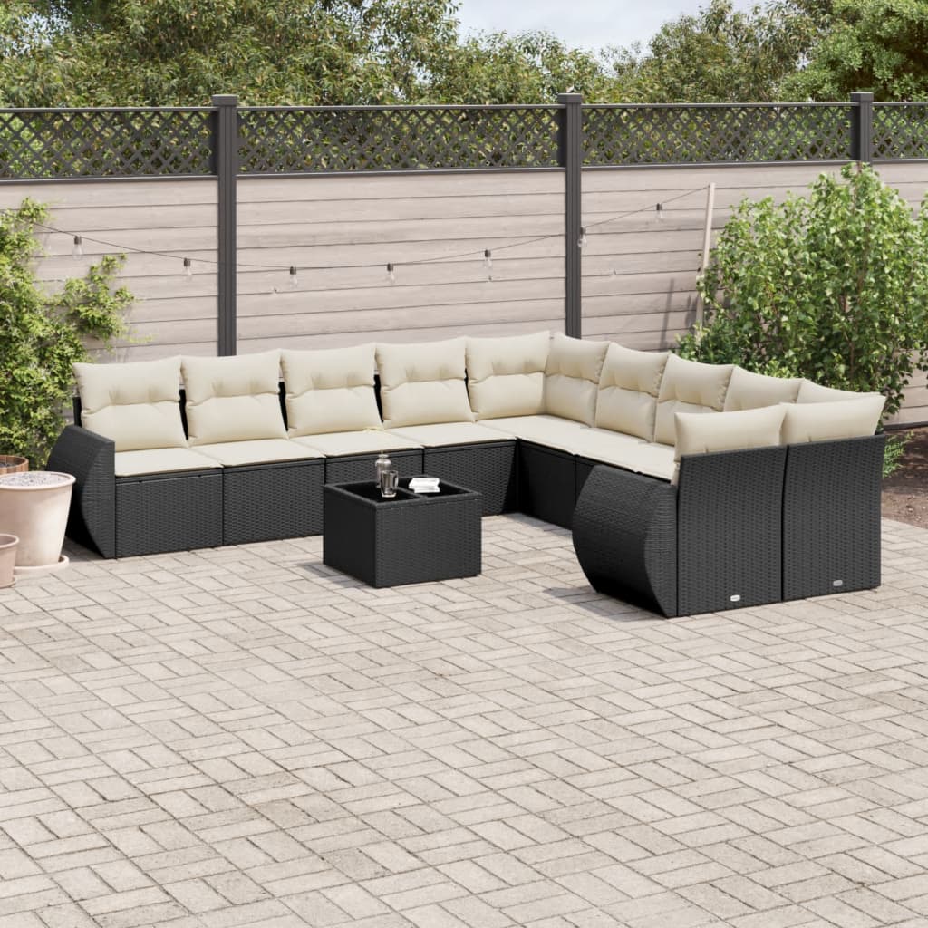 11 Piece Garden Sofa Set with Cushions Black Poly Rattan