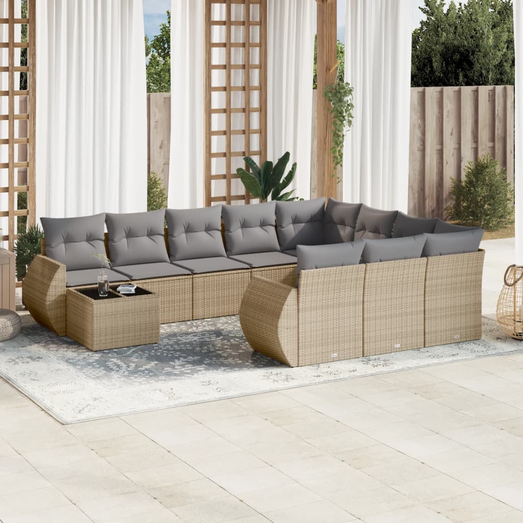 11 Piece Garden Sofa Set with Cushions Beige Poly Rattan