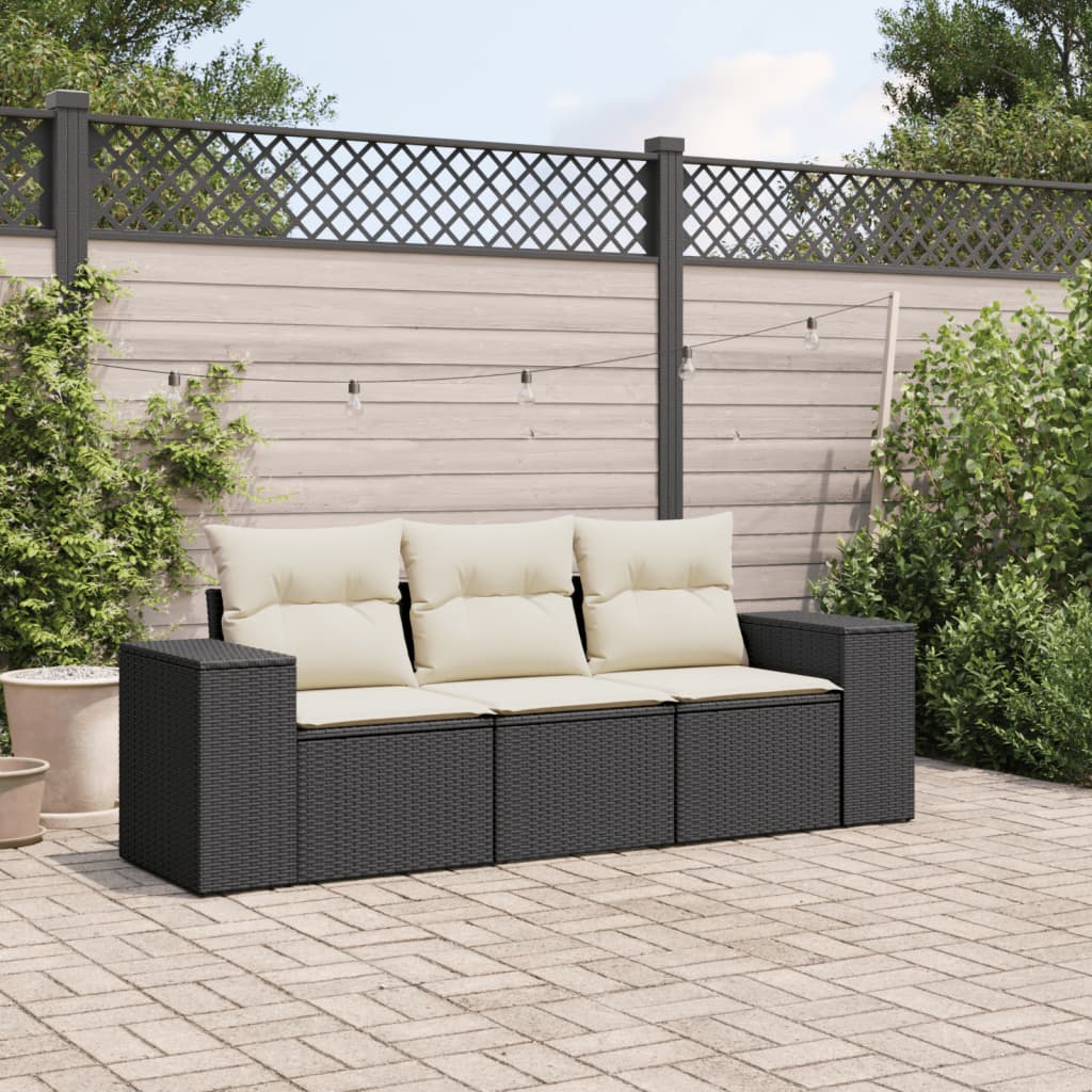 3 Piece Garden Sofa Set with Cushions Black Poly Rattan