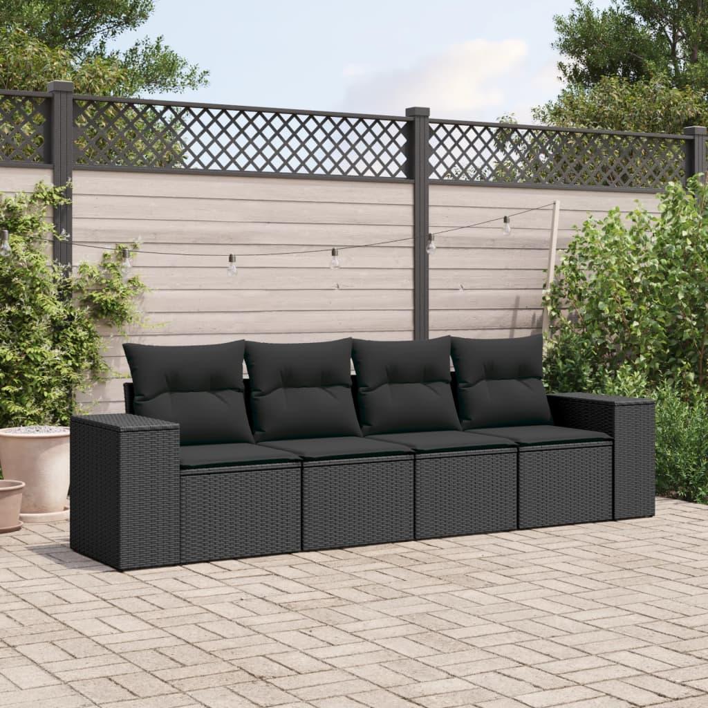 4 Piece Garden Sofa Set with Cushions Black Poly Rattan