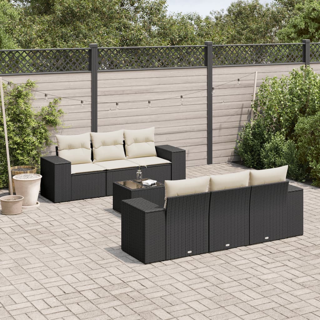 7 Piece Garden Sofa Set with Cushions Black Poly Rattan