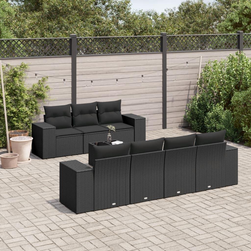 8 Piece Garden Sofa Set with Cushions Black Poly Rattan