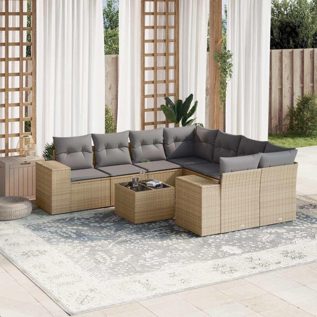 9 Piece Garden Sofa Set with Cushions Beige Poly Rattan