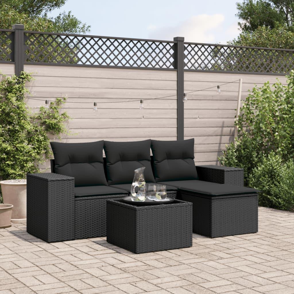 5 Piece Garden Sofa Set with Cushions Black Poly Rattan