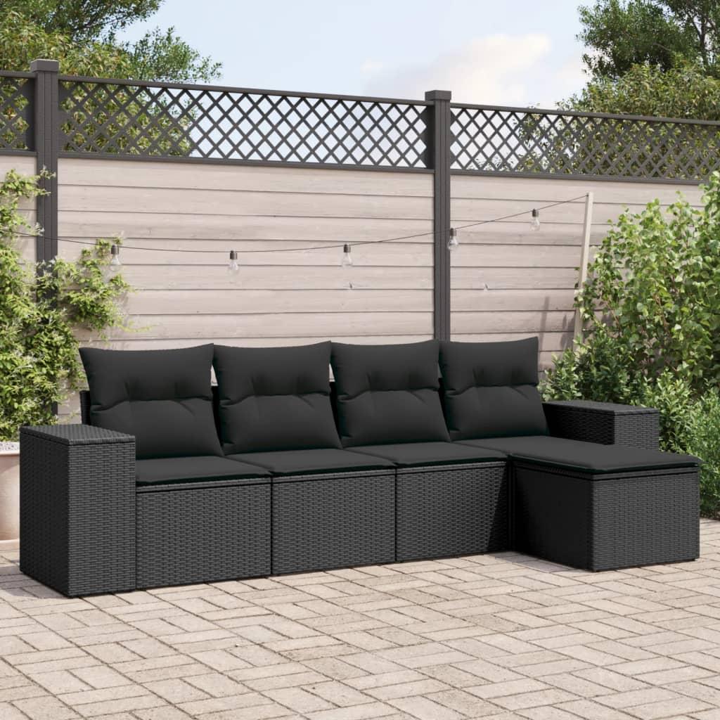 5 Piece Garden Sofa Set with Cushions Black Poly Rattan