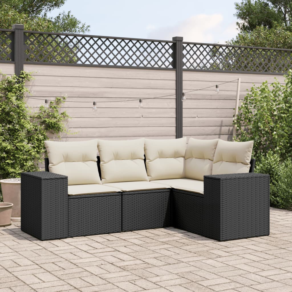 4 Piece Garden Sofa Set with Cushions Black Poly Rattan