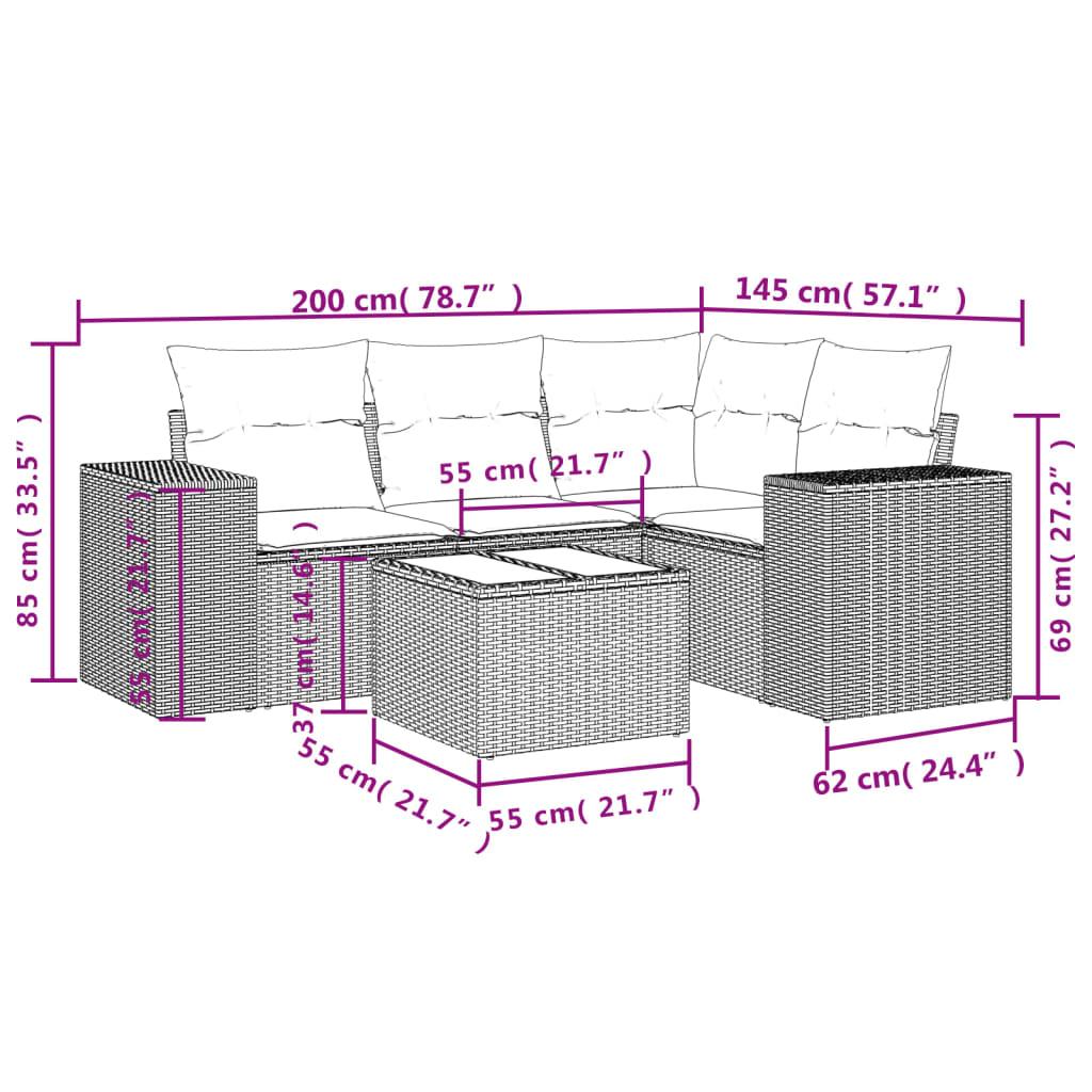 5 Piece Garden Sofa Set with Cushions Grey Poly Rattan