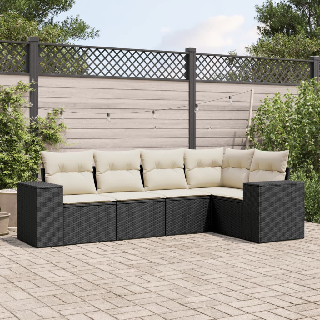 5 Piece Garden Sofa Set with Cushions Black Poly Rattan