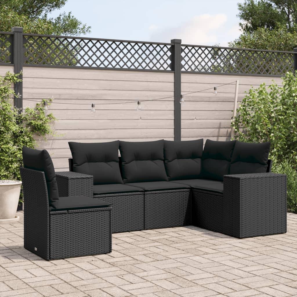 5 Piece Garden Sofa Set with Cushions Black Poly Rattan