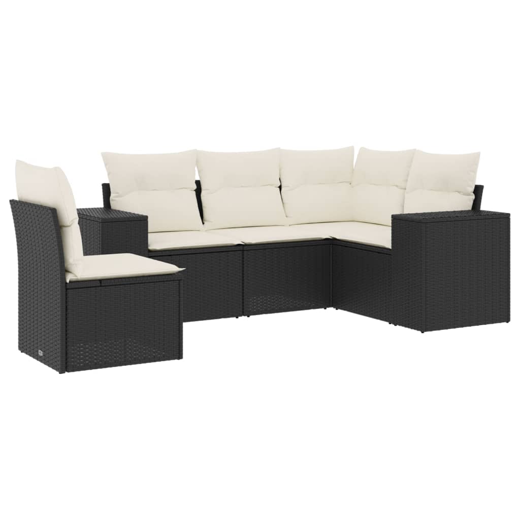 5 Piece Garden Sofa Set with Cushions Black Poly Rattan