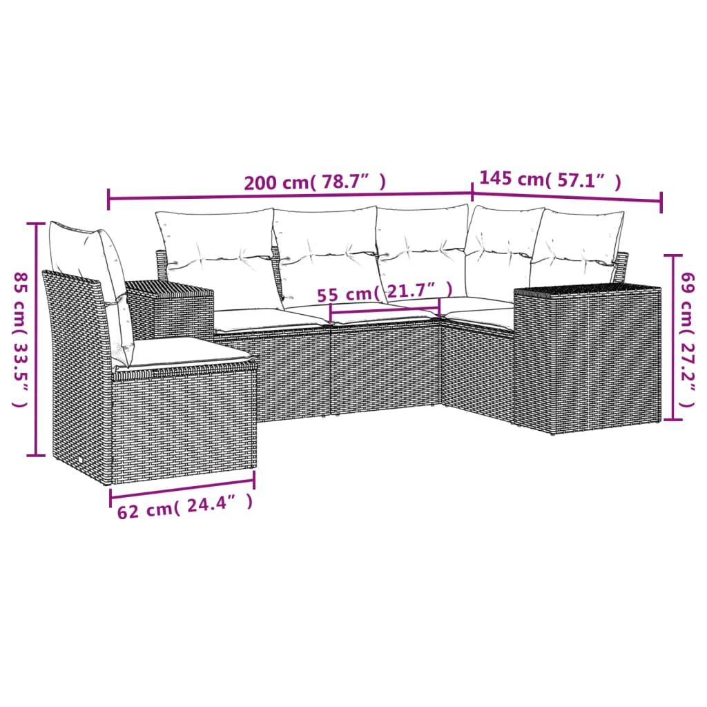 5 Piece Garden Sofa Set with Cushions Grey Poly Rattan