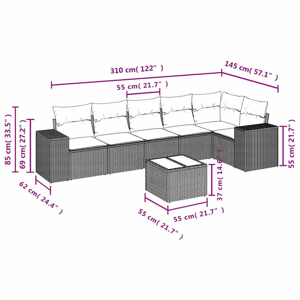 7 Piece Garden Sofa Set with Cushions Black Poly Rattan
