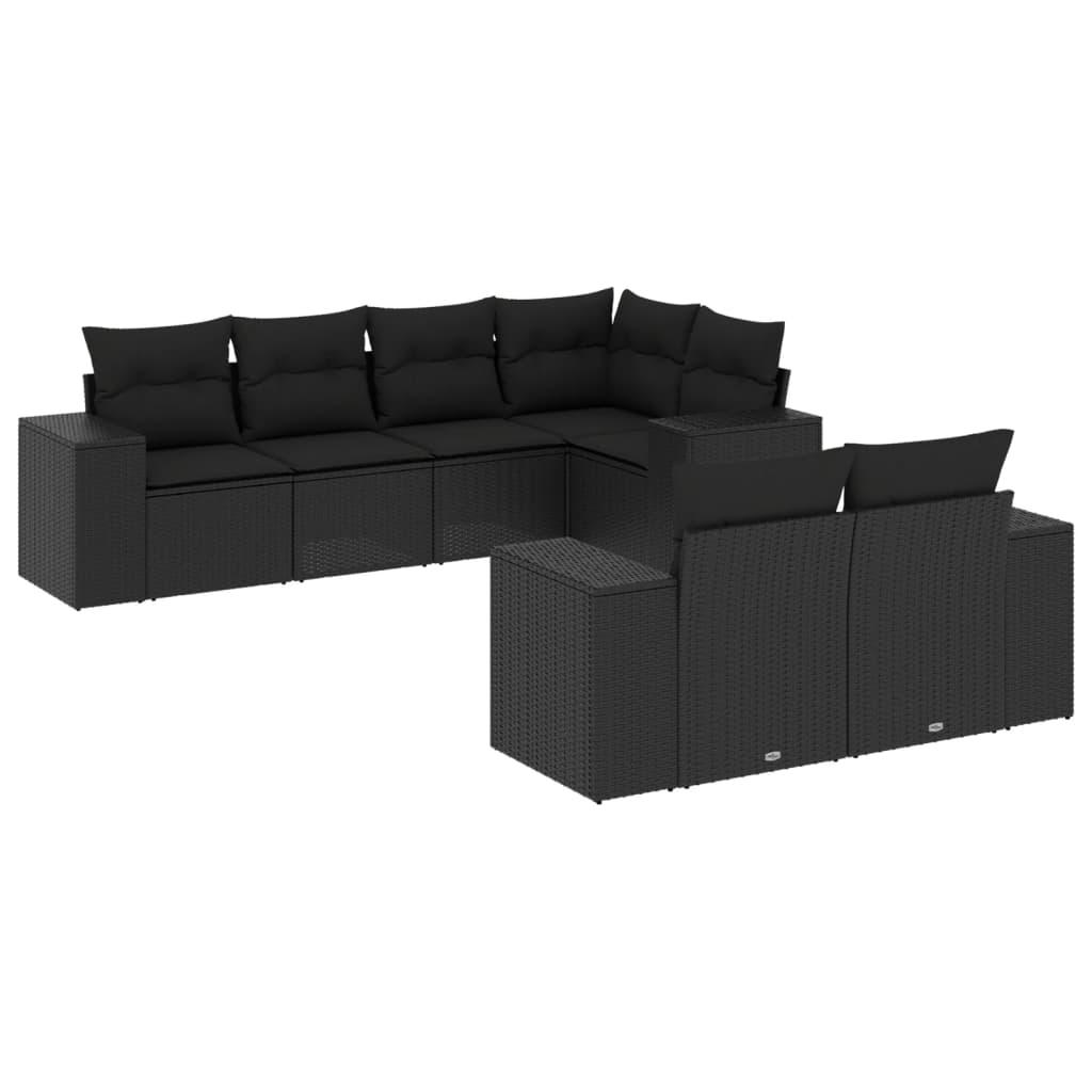 7 Piece Garden Sofa Set with Cushions Black Poly Rattan